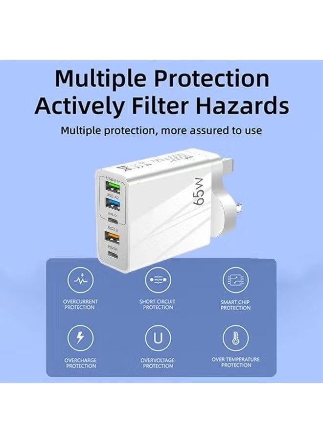 65W 5-Port Fast Charger, 6.6A 2 USB C + 3 USB A Ports Plug, Wall Charging Plug, G Adapter Compatible with charging for Apple Android, Support PD20W and QC3.0 charging protocols - Image 4